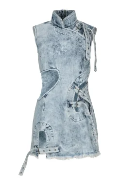 Marques ' Almeida ACID WASH DENIM MANDARIN CUT OUT DRESS-Women Dresses|Denim