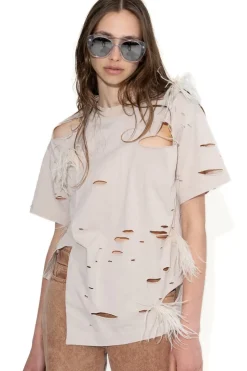Marques ' Almeida DISTRESSED T-SHIRT WITH FEATHERS-Women Tops|Tops