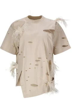 Marques ' Almeida DISTRESSED T-SHIRT WITH FEATHERS-Women Tops|Tops
