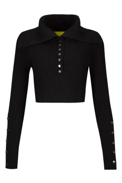 Marques ' Almeida BLACK MERINO WOOL KNITTED CROPPED TOP WITH BIG COLLAR-Women Tops|Knitwear
