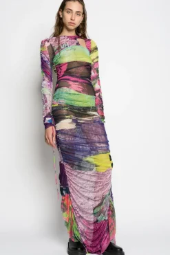 Marques ' Almeida GRAFFITI PRINT LONG GATHERED MESH DRESS-Women Dresses|Dresses