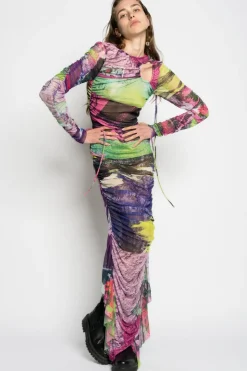 Marques ' Almeida GRAFFITI PRINT LONG GATHERED MESH DRESS-Women Dresses|Dresses