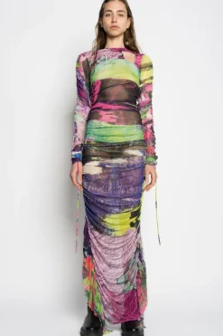 Marques ' Almeida GRAFFITI PRINT LONG GATHERED MESH DRESS-Women Dresses|Dresses