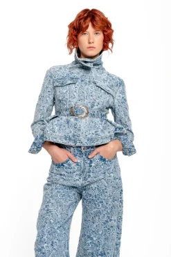 Marques ' Almeida LIGHT BLUE FITTED JACKET WITH EMBELLISHMENT BELT-Women Denim|Outerwear
