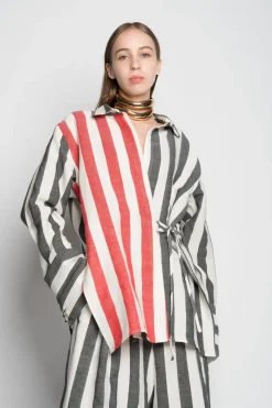 Marques ' Almeida MIXED STRIPES LINEN WRAP SHIRT-Women Tops|Tops