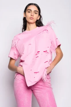 Marques ' Almeida DISTRESSED T-SHIRT WITH FEATHERS-Women Tops|Tops