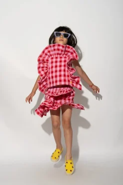 Marques ' Almeida RED AND PINK GINGHAM FRILL TOP-Kids Tops