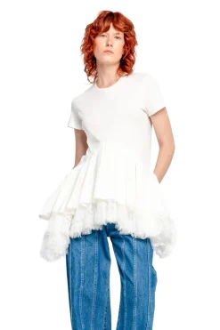 Marques ' Almeida CAP SLEEVE T-SHIRT WITH FRILL AND LACE HEM-Women Tops