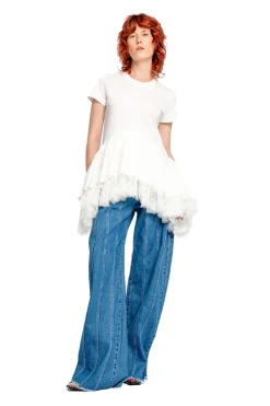 Marques ' Almeida CAP SLEEVE T-SHIRT WITH FRILL AND LACE HEM-Women Tops