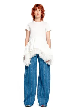 Marques ' Almeida CAP SLEEVE T-SHIRT WITH FRILL AND LACE HEM-Women Tops