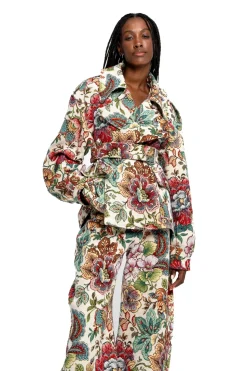 Marques ' Almeida WHITE FLORAL BROCADE CROPPED TRENCH COAT STYLE JACKET-Women Outerwear